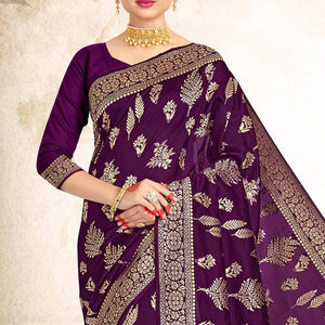 Wine Purple Printed Banarasi Saree