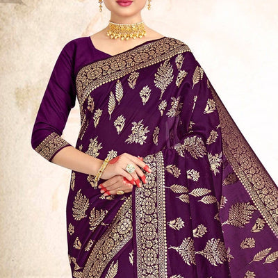 Wine Purple Printed Banarasi Saree