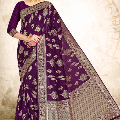 Wine Purple Printed Banarasi Saree