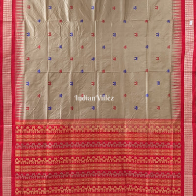Bronze Pastel & Red Laxmi Pada & Lotus Motif Bomkai Saree