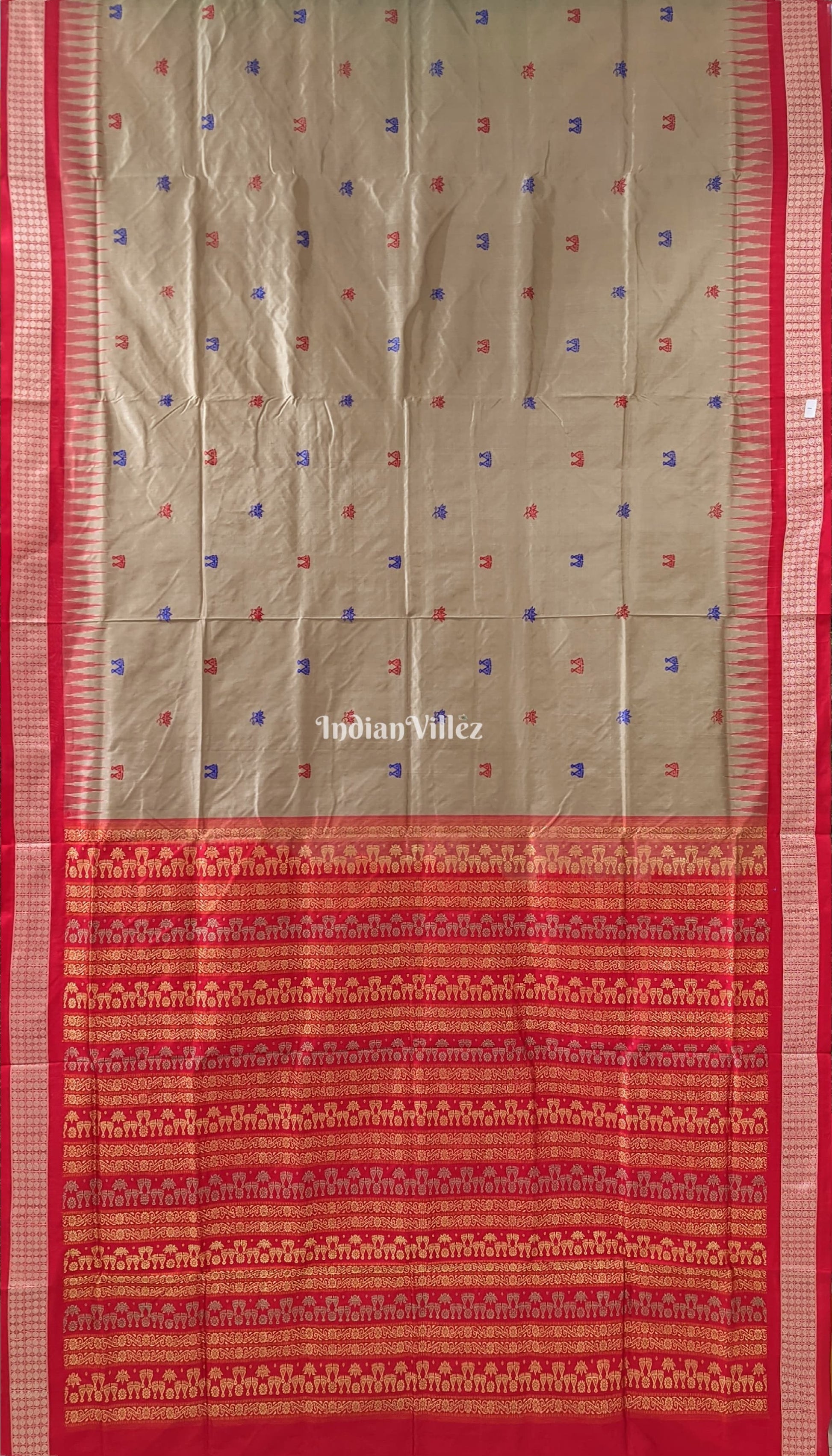 Bronze Pastel & Red Laxmi Pada & Lotus Motif Bomkai Saree