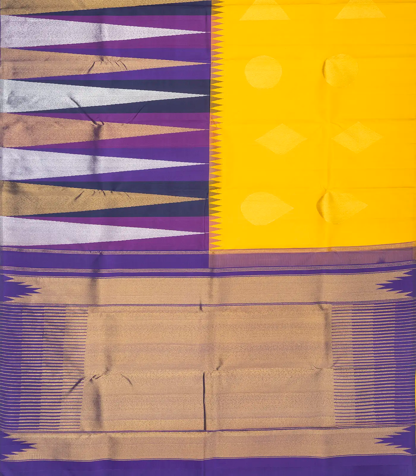 Lemon Yellow Handloom Kanchipuram Korvai Half & Half Silk Saree