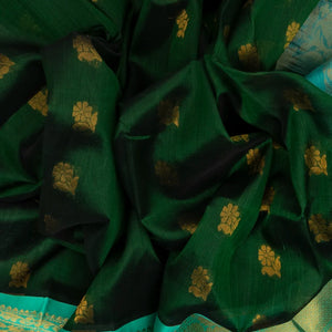 Dark Green Handloom Silk Cotton Saree With Floral Buttas
