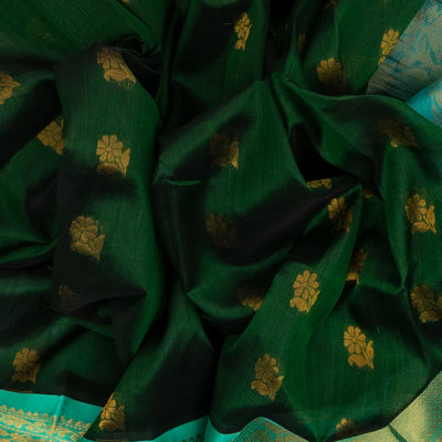 Dark Green Handloom Silk Cotton Saree With Floral Buttas