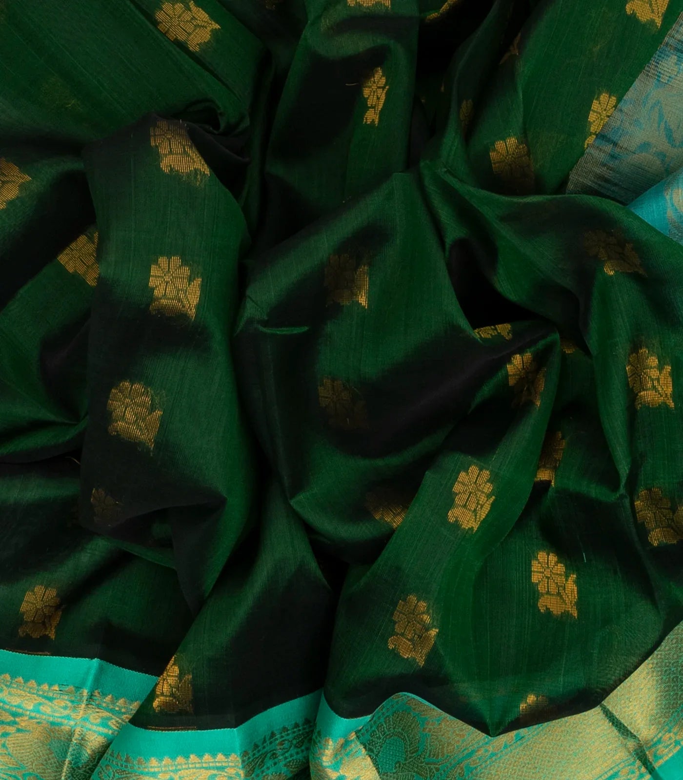 Dark Green Handloom Silk Cotton Saree With Floral Buttas