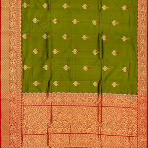 Leafy Green Handloom Banarasi Silk Saree With Meena Floral Buttas