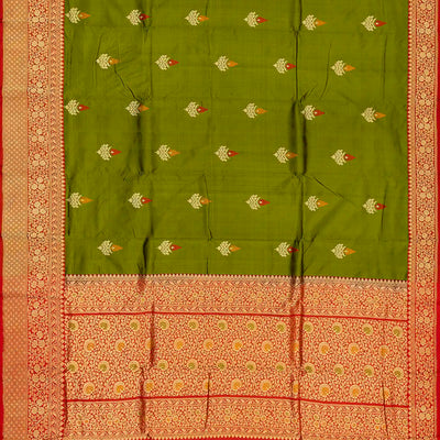 Leafy Green Handloom Banarasi Silk Saree With Meena Floral Buttas