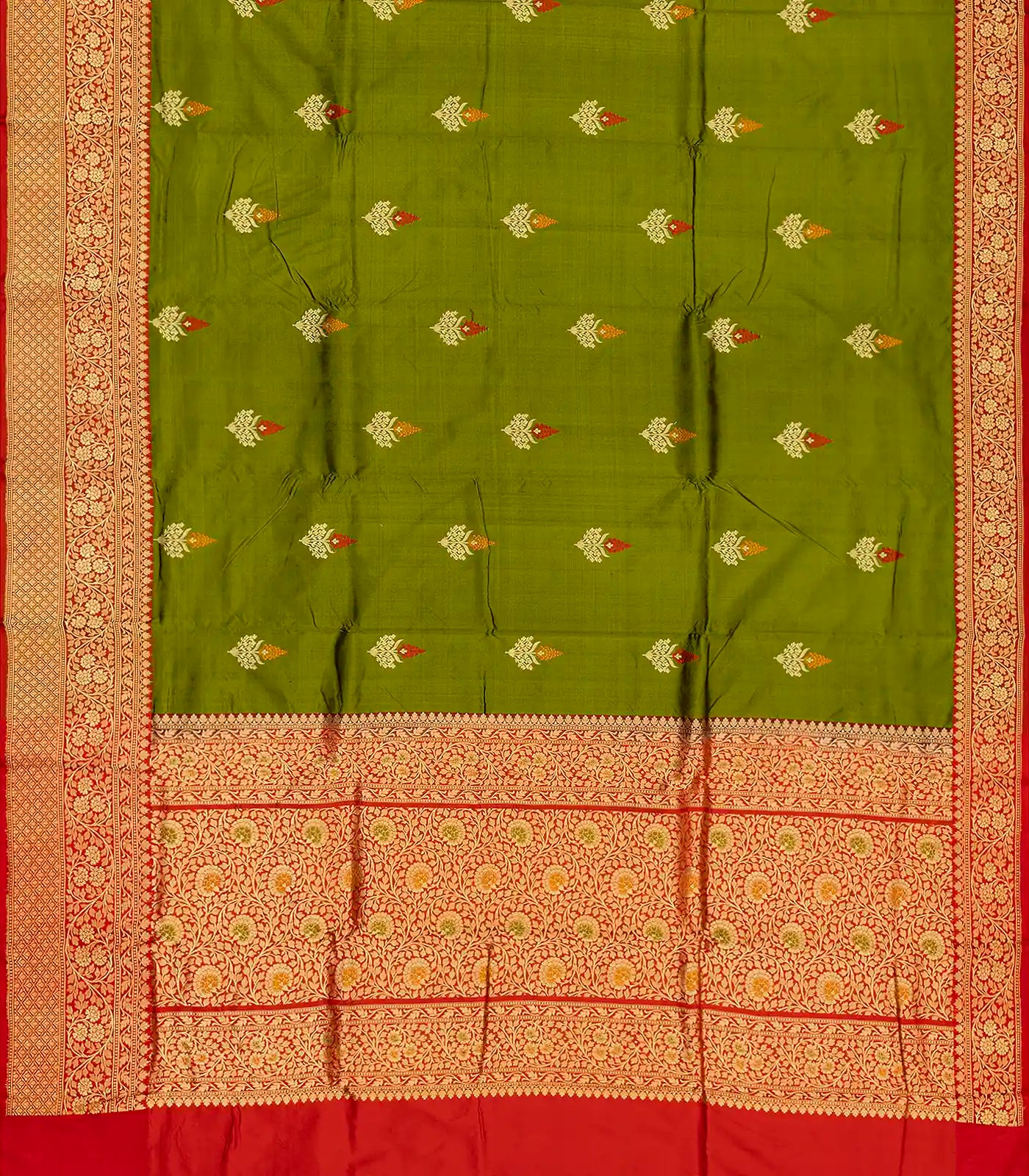 Leafy Green Handloom Banarasi Silk Saree With Meena Floral Buttas