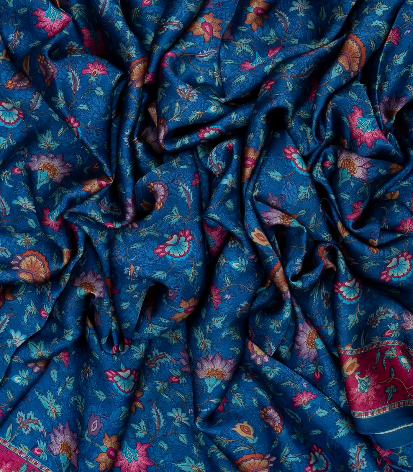 Blue Woven Digital Printed Satin Silk Saree With Floral Motifs