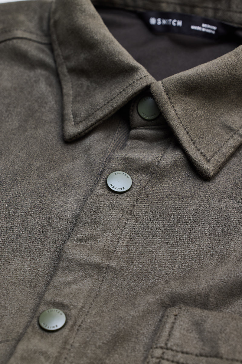 Olive Suede Snap Button Overshirt