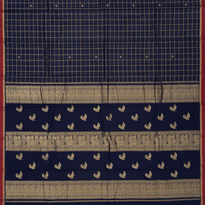 Midnight Blue Handloom Kanchi Cotton Saree With Zari Checks