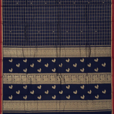 Midnight Blue Handloom Kanchi Cotton Saree With Zari Checks