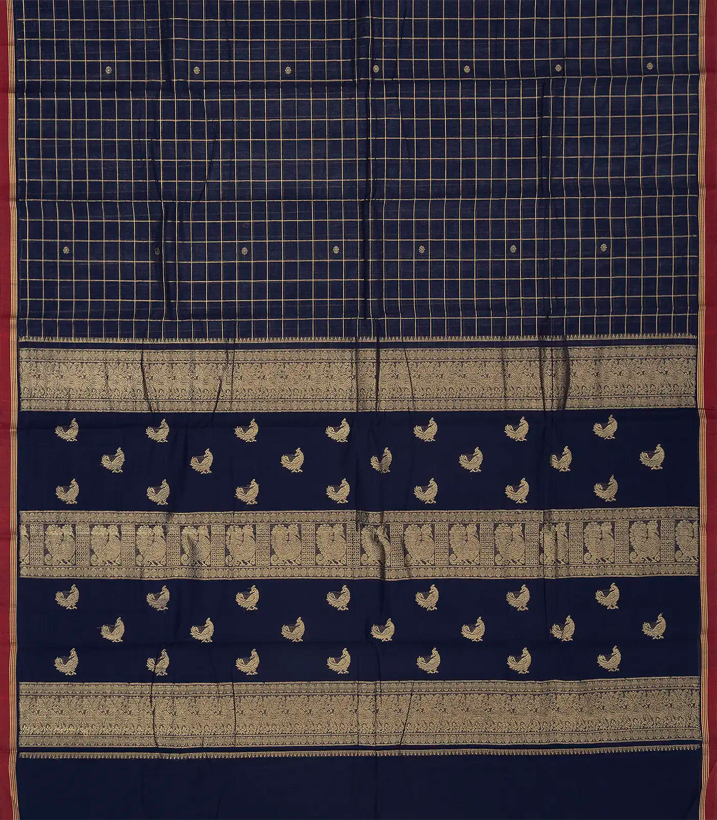 Midnight Blue Handloom Kanchi Cotton Saree With Zari Checks