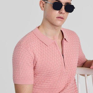 Light Pink Zipper Knitted Polo T-Shirt