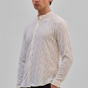 Cream Mandarin Self-Design Shirt