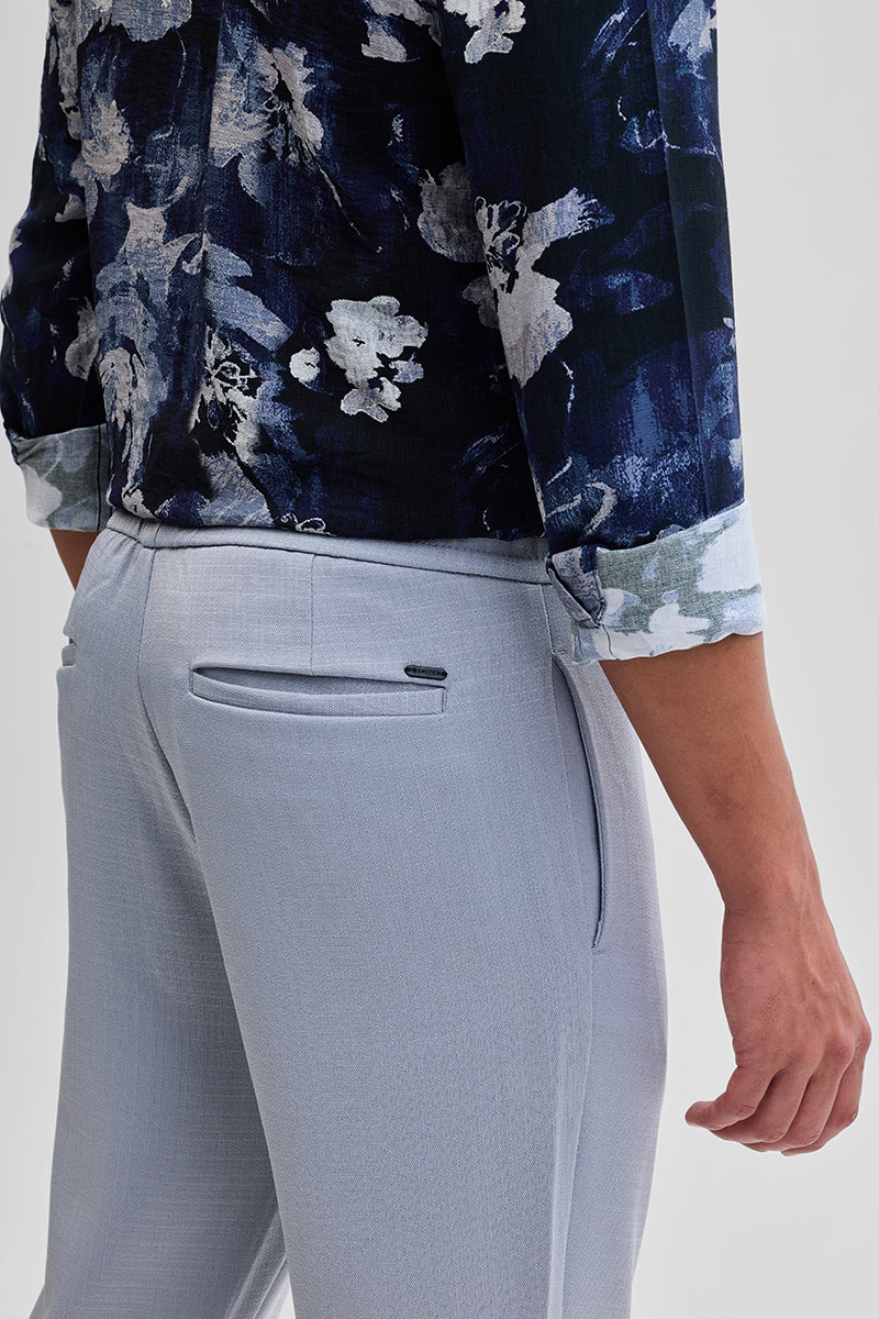 Light Grey Self-Design Slim Fit Trousers