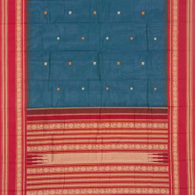 Blue Handloom Korvai Kanchi Cotton Saree With Annam Buttas