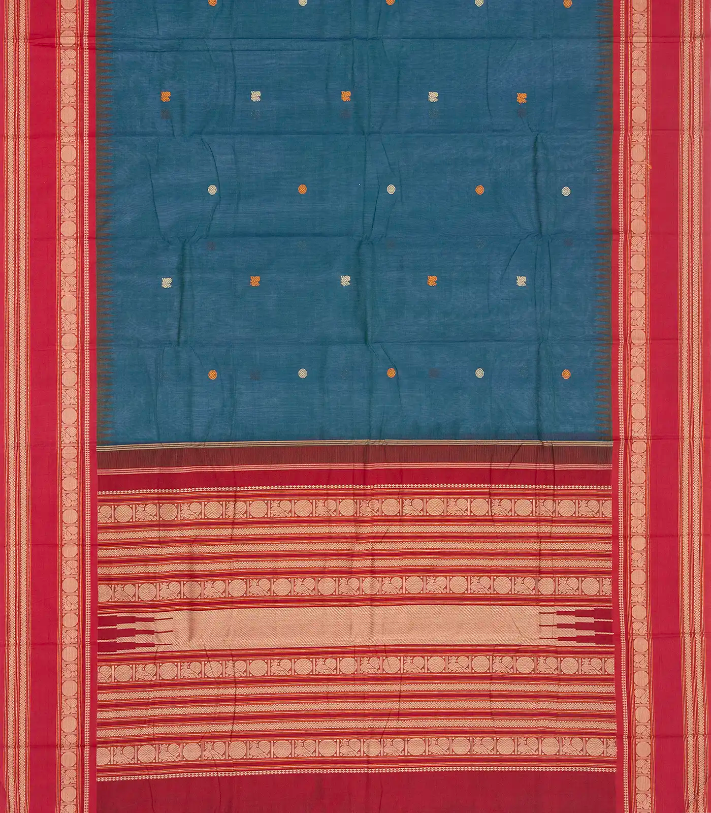 Blue Handloom Korvai Kanchi Cotton Saree With Annam Buttas