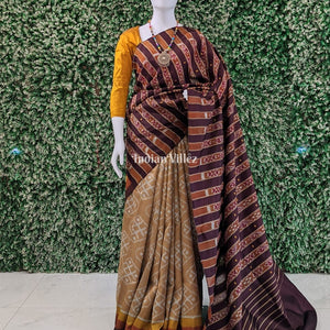 Peach Odisha Ikat Contemporary Silk Saree with Double Pallu