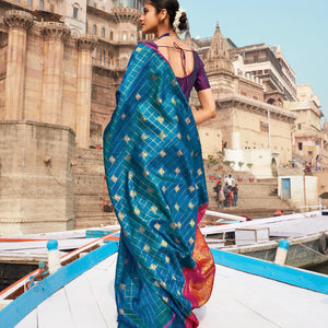 Cyan Handloom Kanchipuram Silk Saree With Checks & Annam Buttas
