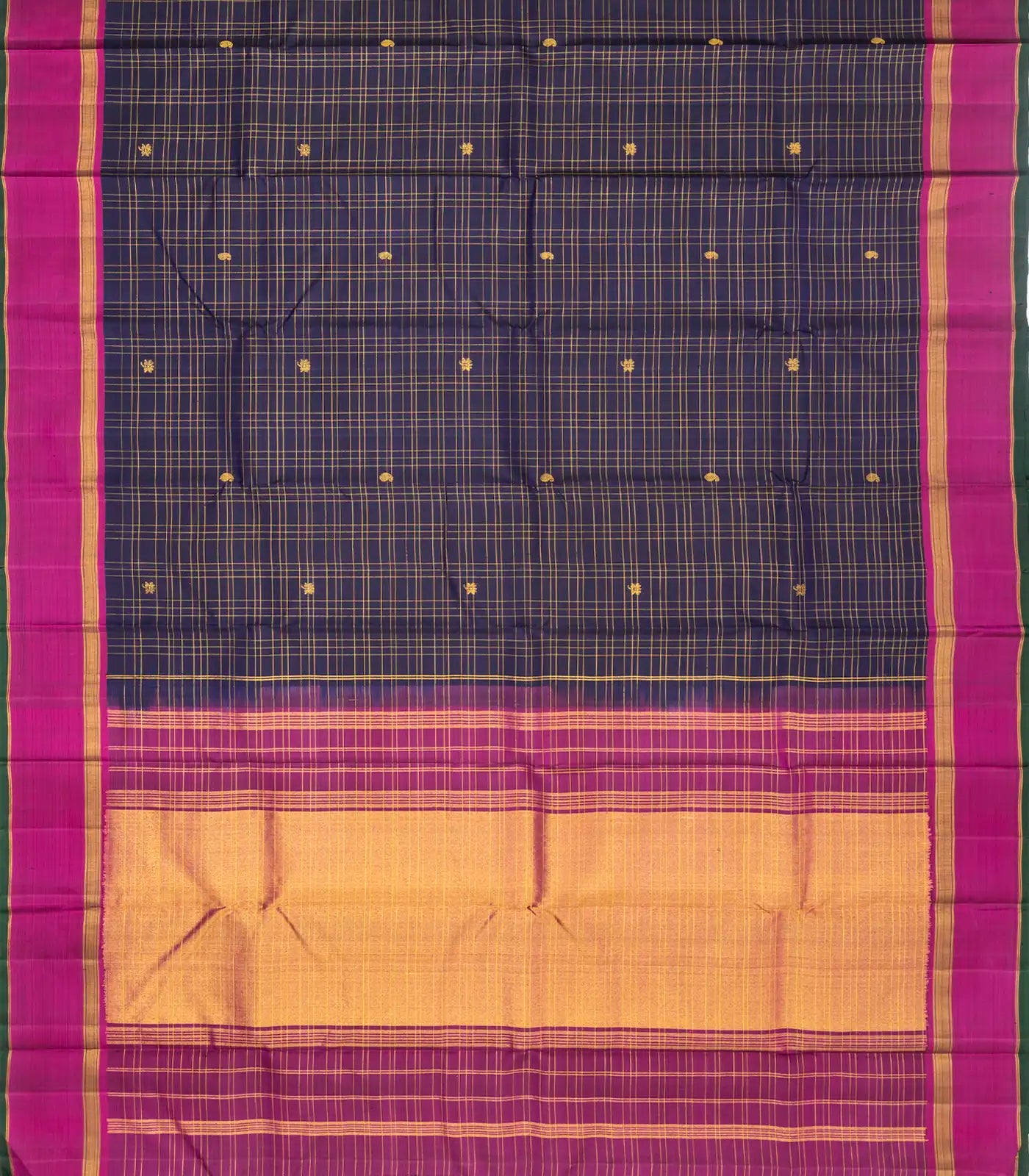 Navy Blue Handloom Kanchipuram Silk Saree With Checks