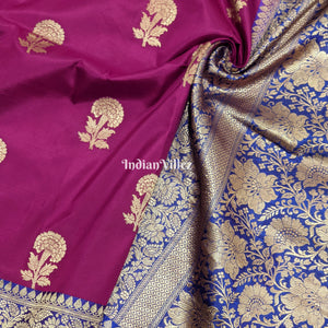 Purple Flower Motif Banarasi Katan Silk Saree