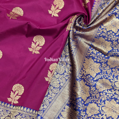 Purple Flower Motif Banarasi Katan Silk Saree