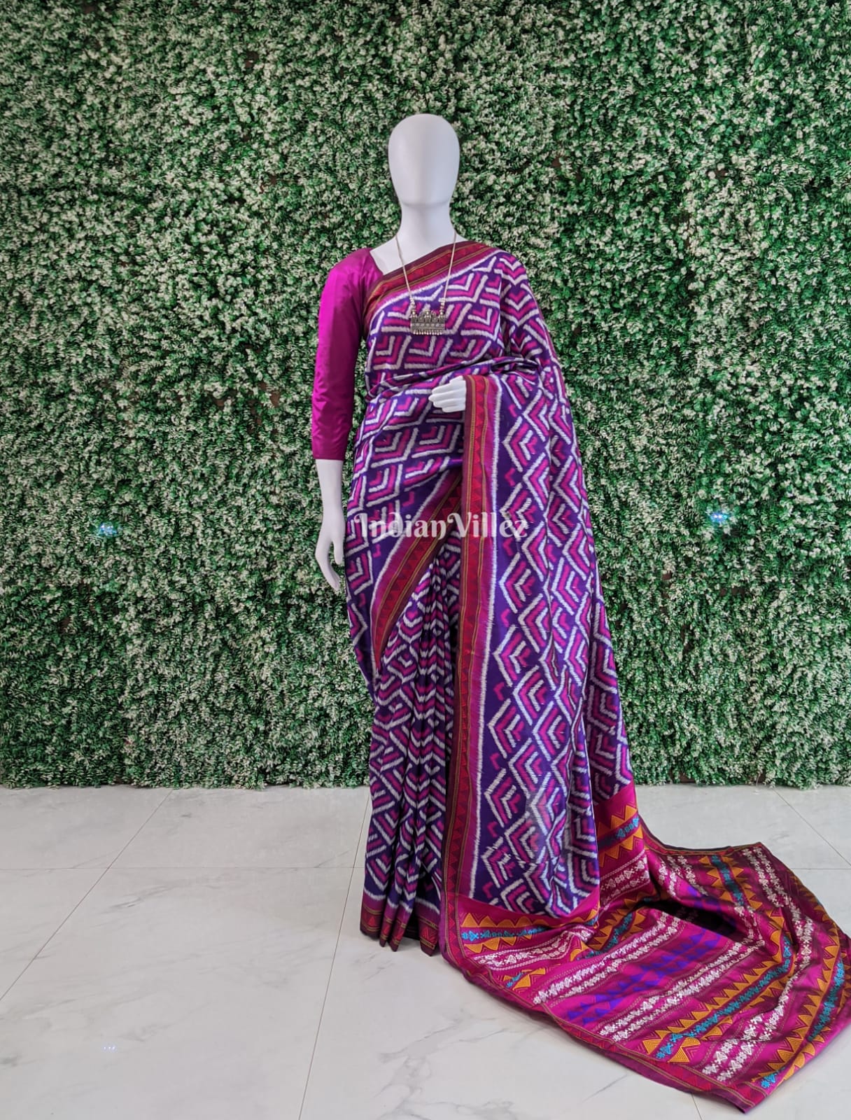 Multicolor Contemporary Odisha Ikat Silk Saree with Dongria Border