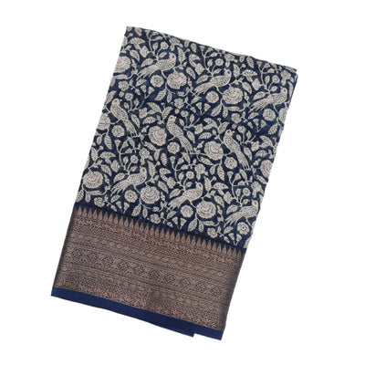 Indigo Woven Chanderi Cotton Saree Printed With Bird Motifs