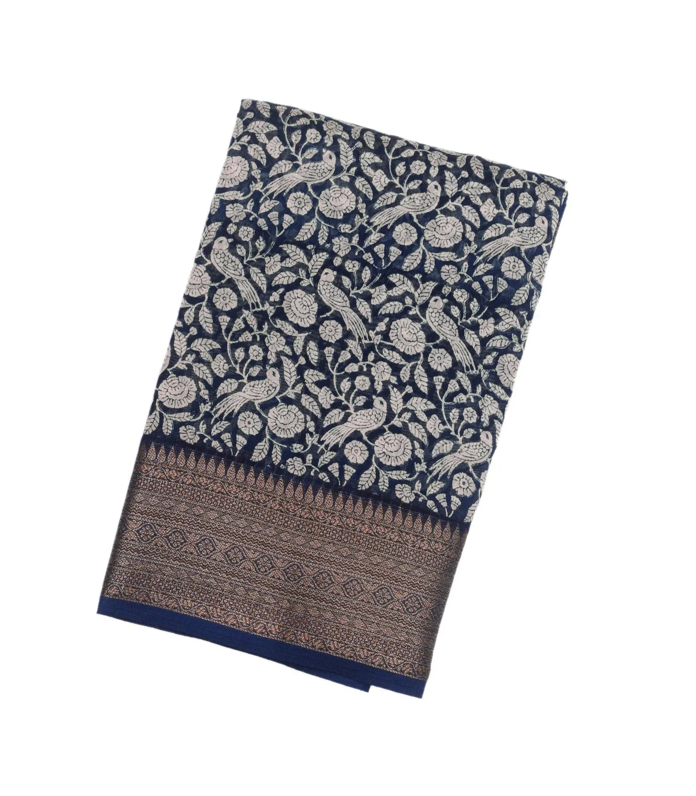 Indigo Woven Chanderi Cotton Saree Printed With Bird Motifs