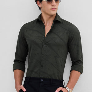 Dark Green Slim Fit Self-Design Shirt