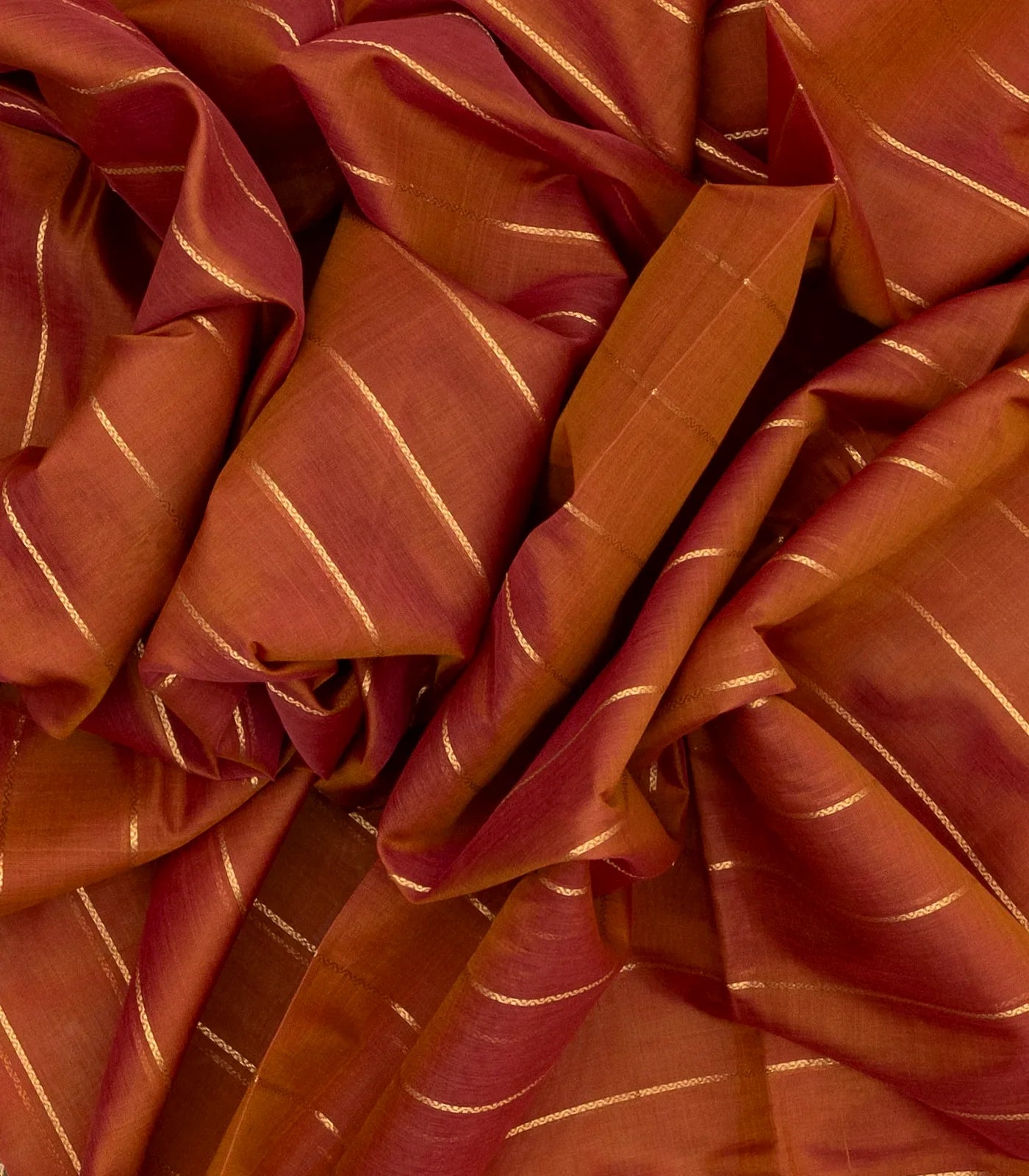 Rust Handloom Silk Cotton Saree With Zari Stripes