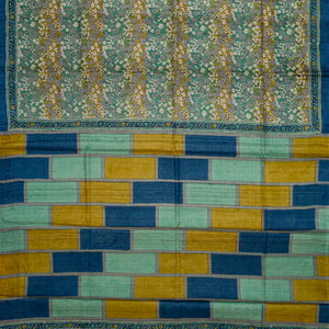 Aquamarine Handloom Tussar Silk Saree With Printed Floral Motifs