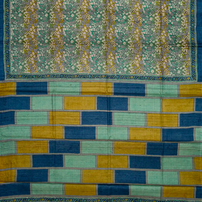 Aquamarine Handloom Tussar Silk Saree With Printed Floral Motifs