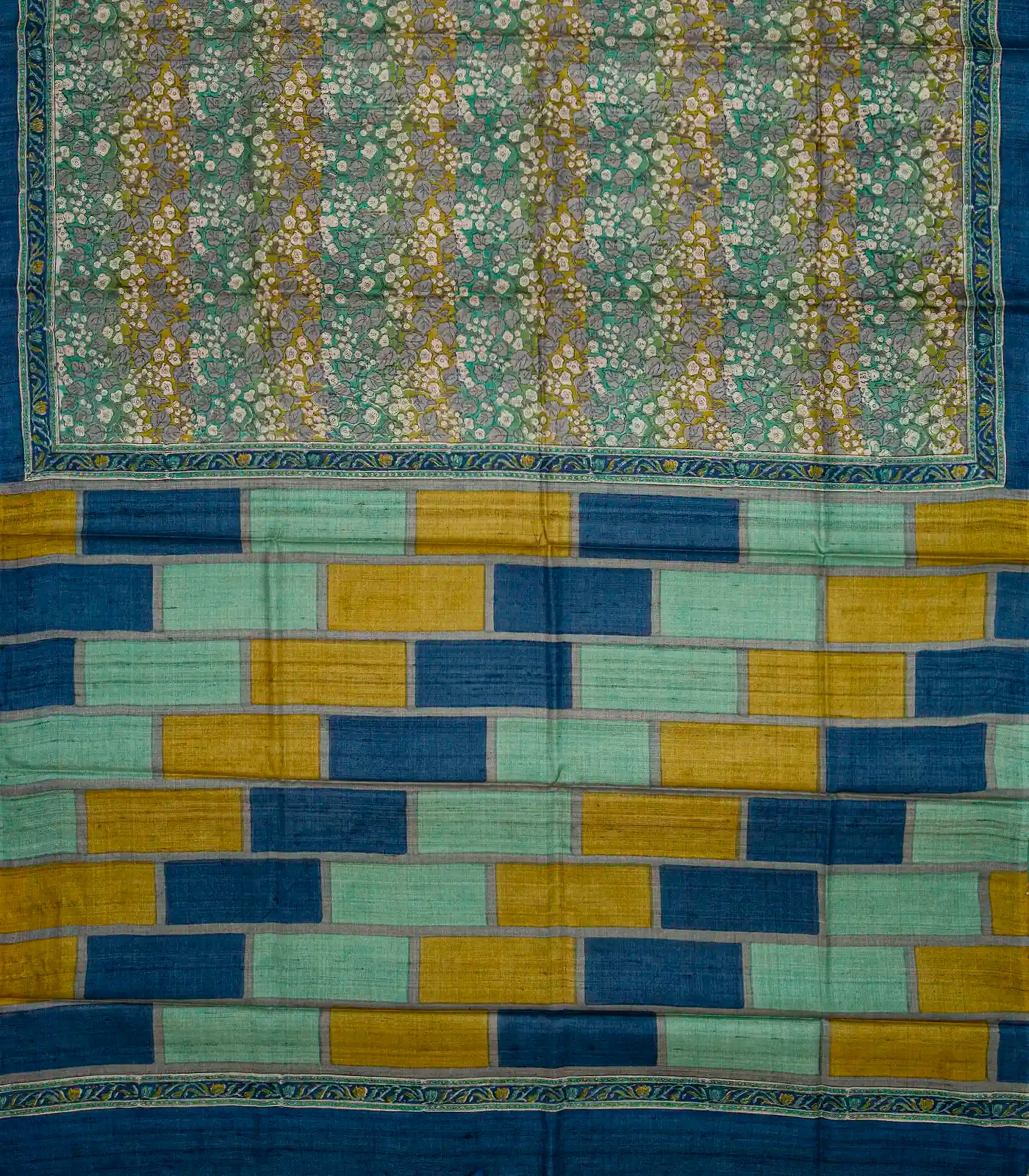 Aquamarine Handloom Tussar Silk Saree With Printed Floral Motifs