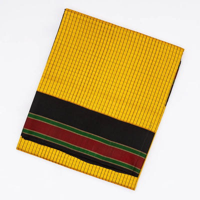 Yellow Handloom Kora Silk Saree With Checks & Black Border