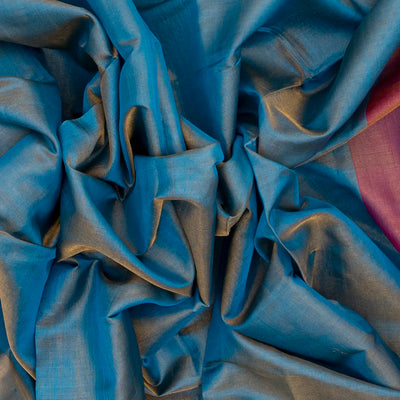 Blue Handloom Uppada Plain Silk Saree With Pink Border