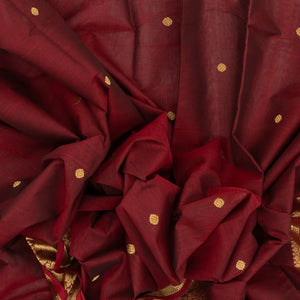 Crimson Handloom Kanchi Cotton Saree With Elephants, House and Lady Motifs in Border