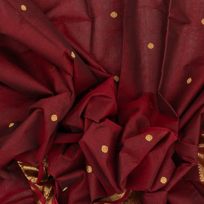 Crimson Handloom Kanchi Cotton Saree With Elephants, House and Lady Motifs in Border