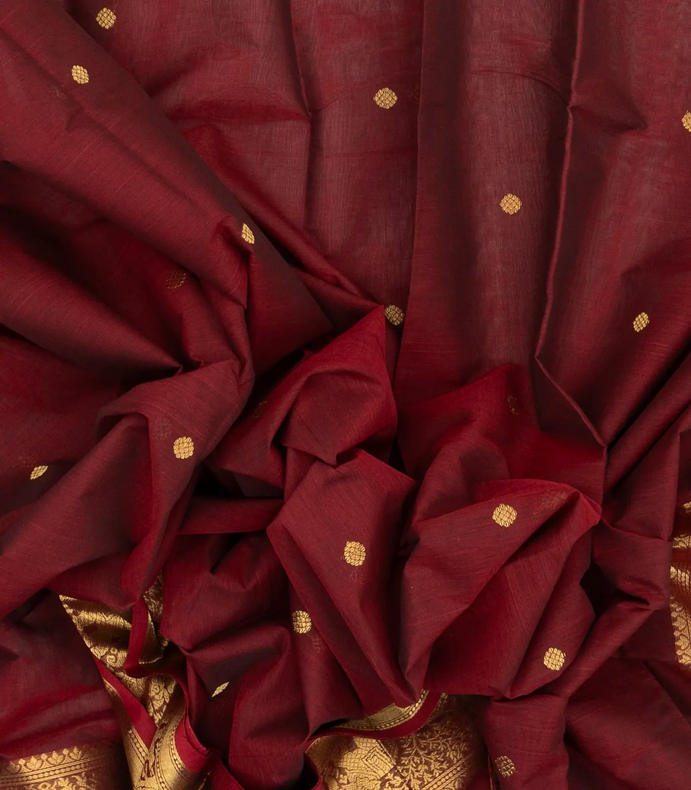 Crimson Handloom Kanchi Cotton Saree With Elephants, House and Lady Motifs in Border