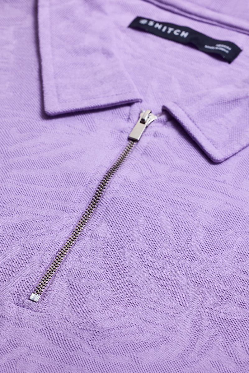 Lavender Self-Design Zipper Polo T-Shirt