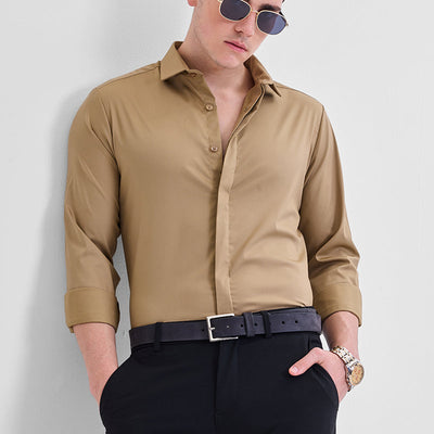 Light Brown Solid Concealed Placket Shirt