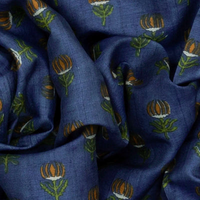 Blue Handloom Printed Tussar Silk Saree With Floral Motifs-Blue