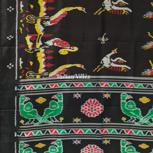 Charcoal Black Parrot and Flamingo Contemporary Silk Saree