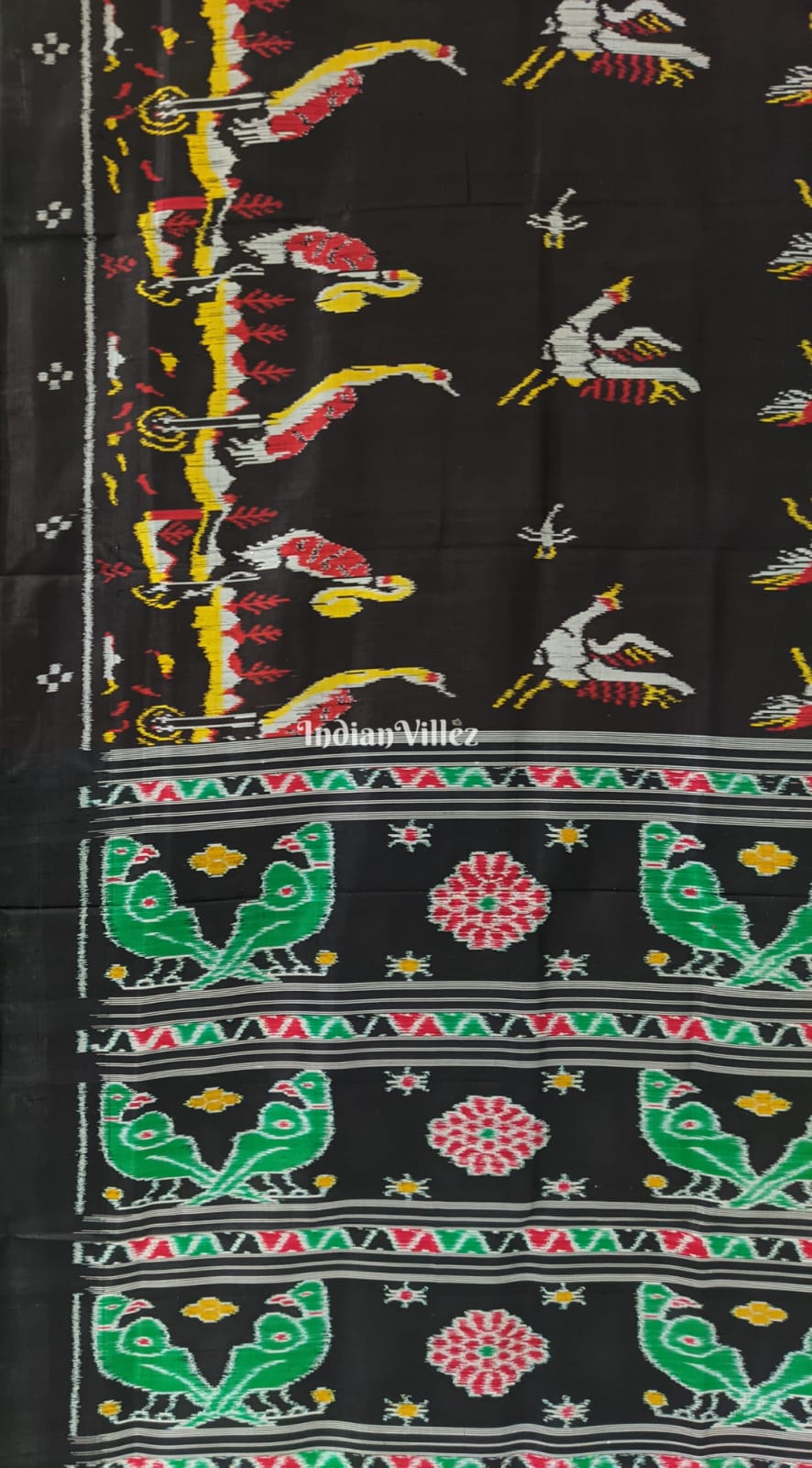 Charcoal Black Parrot and Flamingo Contemporary Silk Saree