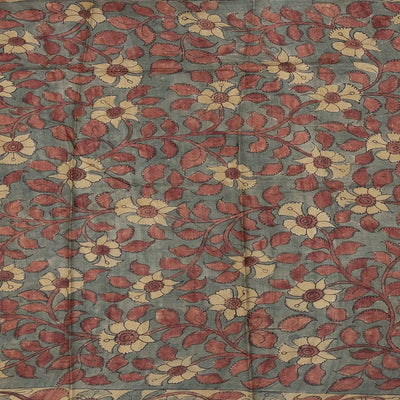 Brown Handloom Tussar Silk Saree With Block Printed Stripes & Kalamkari Hand Painted Pallu & Blouse