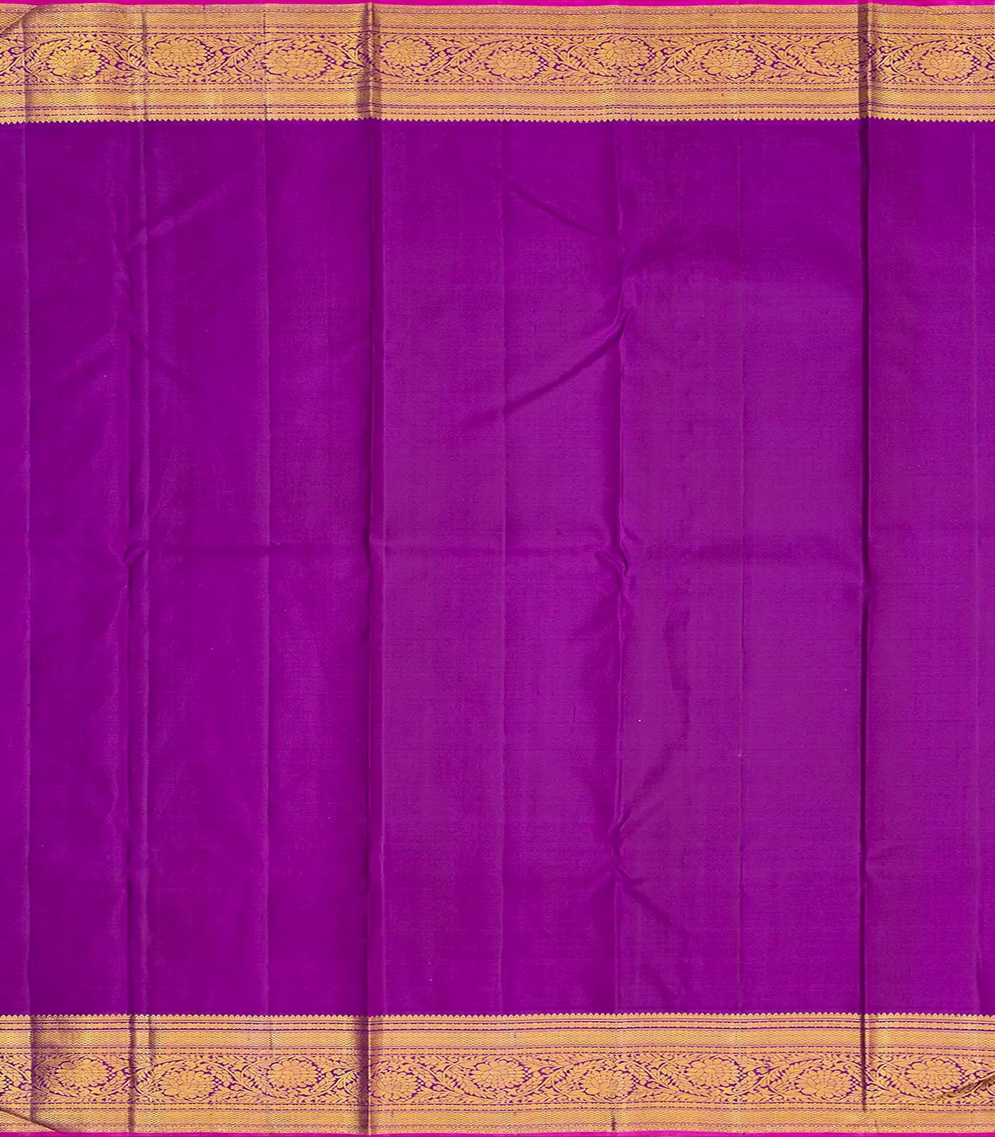 Yellow Handloom Kanchipuram Korvai Silk Saree With Floral Motifs & Contrast Magenta Border