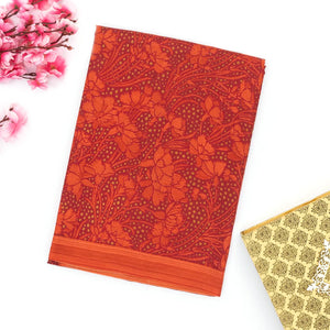 Red Silk Saree Printed With Floral Vine Motifs