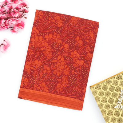 Red Silk Saree Printed With Floral Vine Motifs