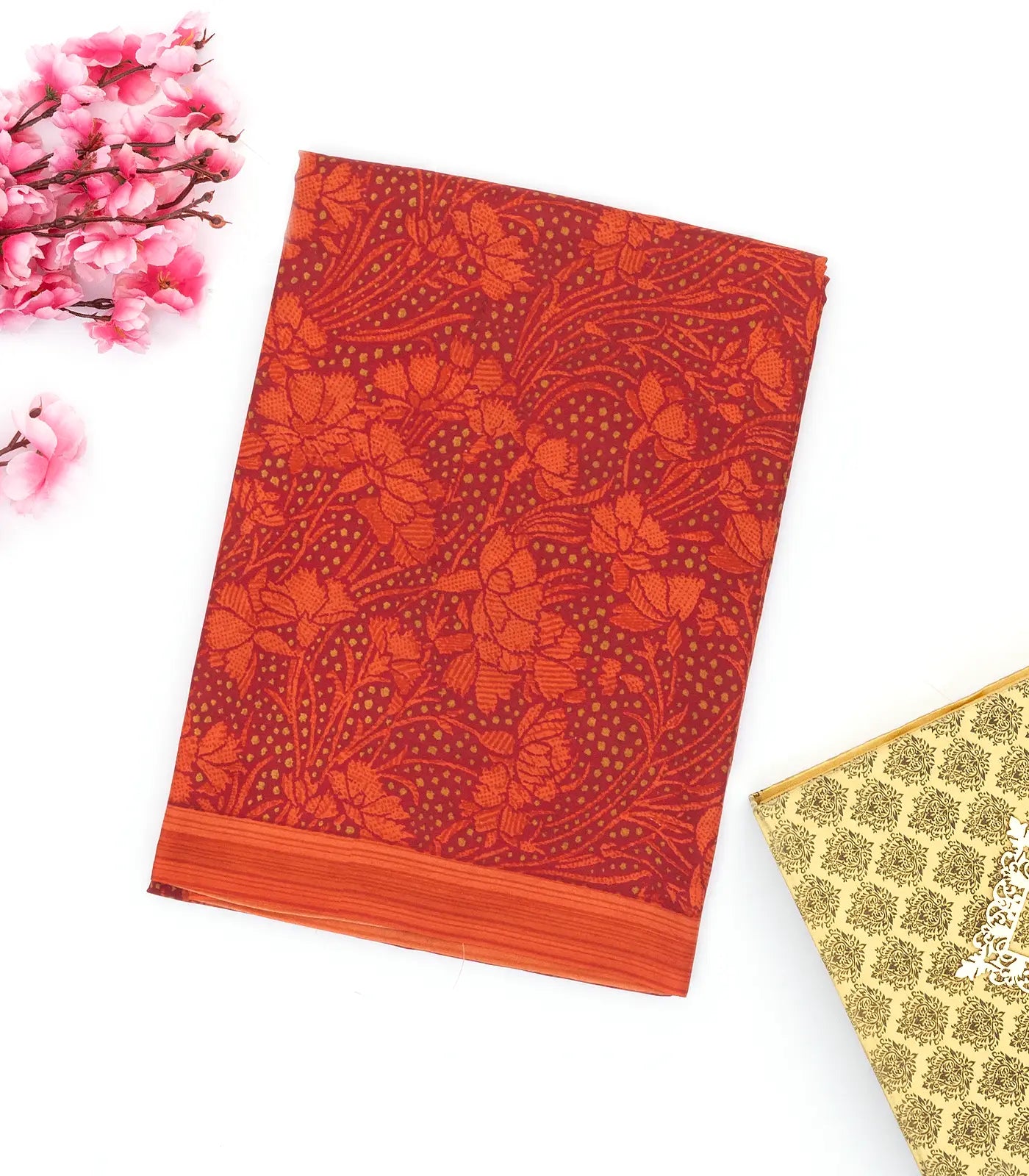 Red Silk Saree Printed With Floral Vine Motifs